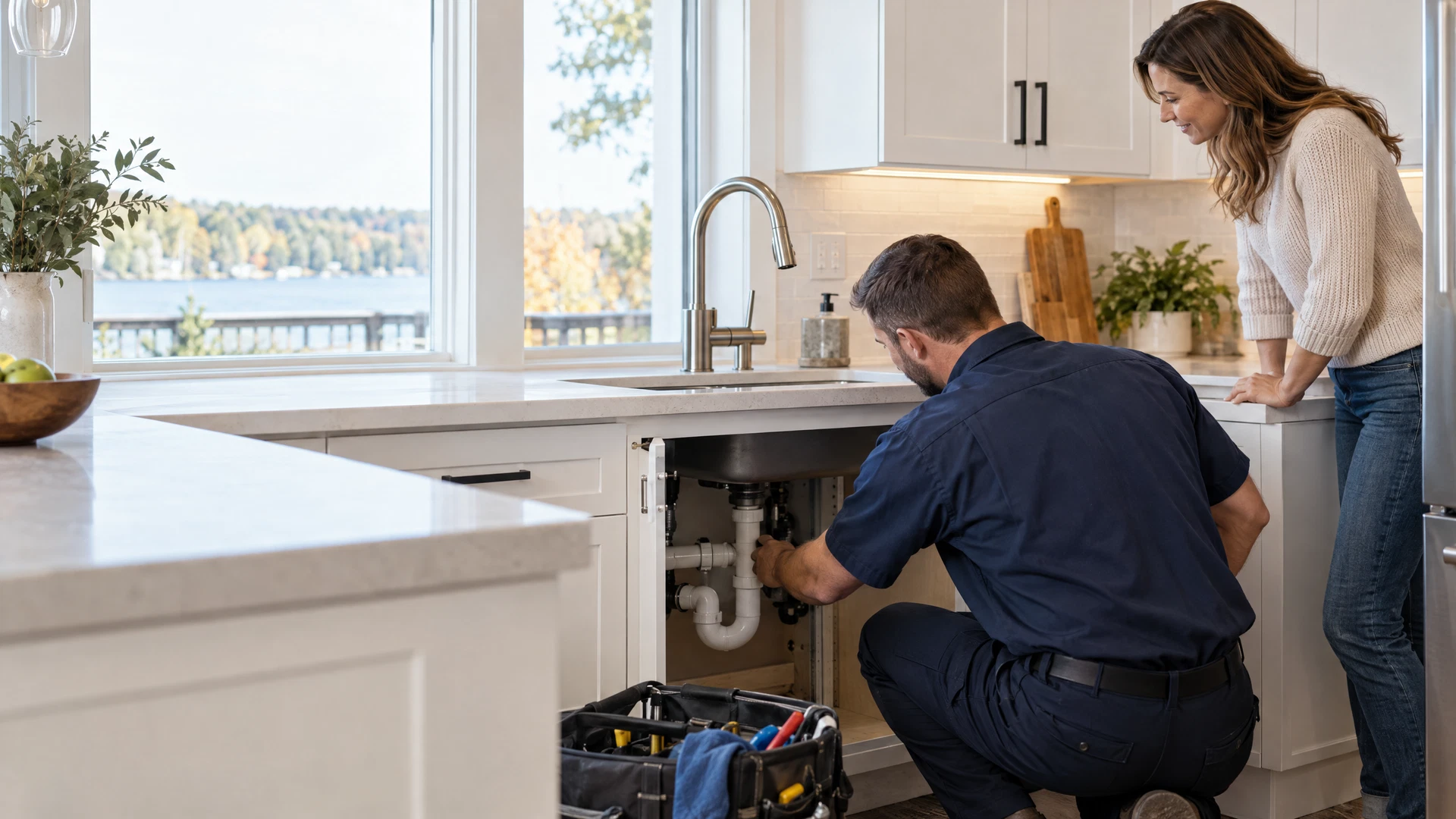 Plumbing technician speaking with a homeowner while inspecting a kitchen sink